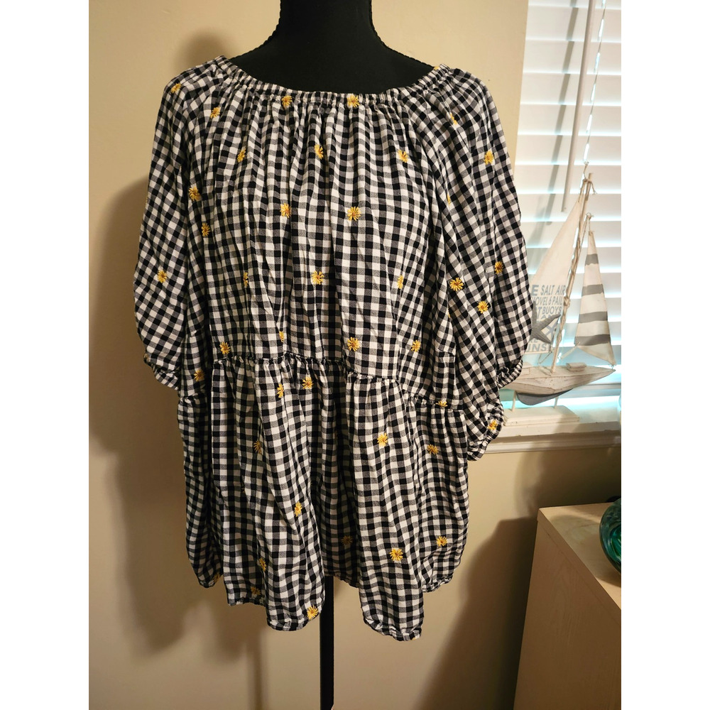 Gingham Daisy Peplum Top 3X Cottagecore Country Romantic Yellow Daisy Embroidery